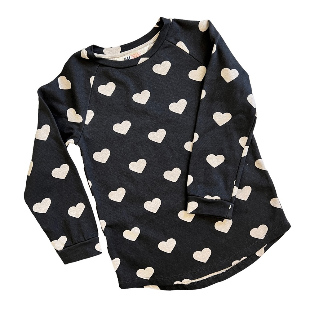 H&M Black Crean Heart Print Sweatshirt Sz 4-6Y Cotton Crewneck